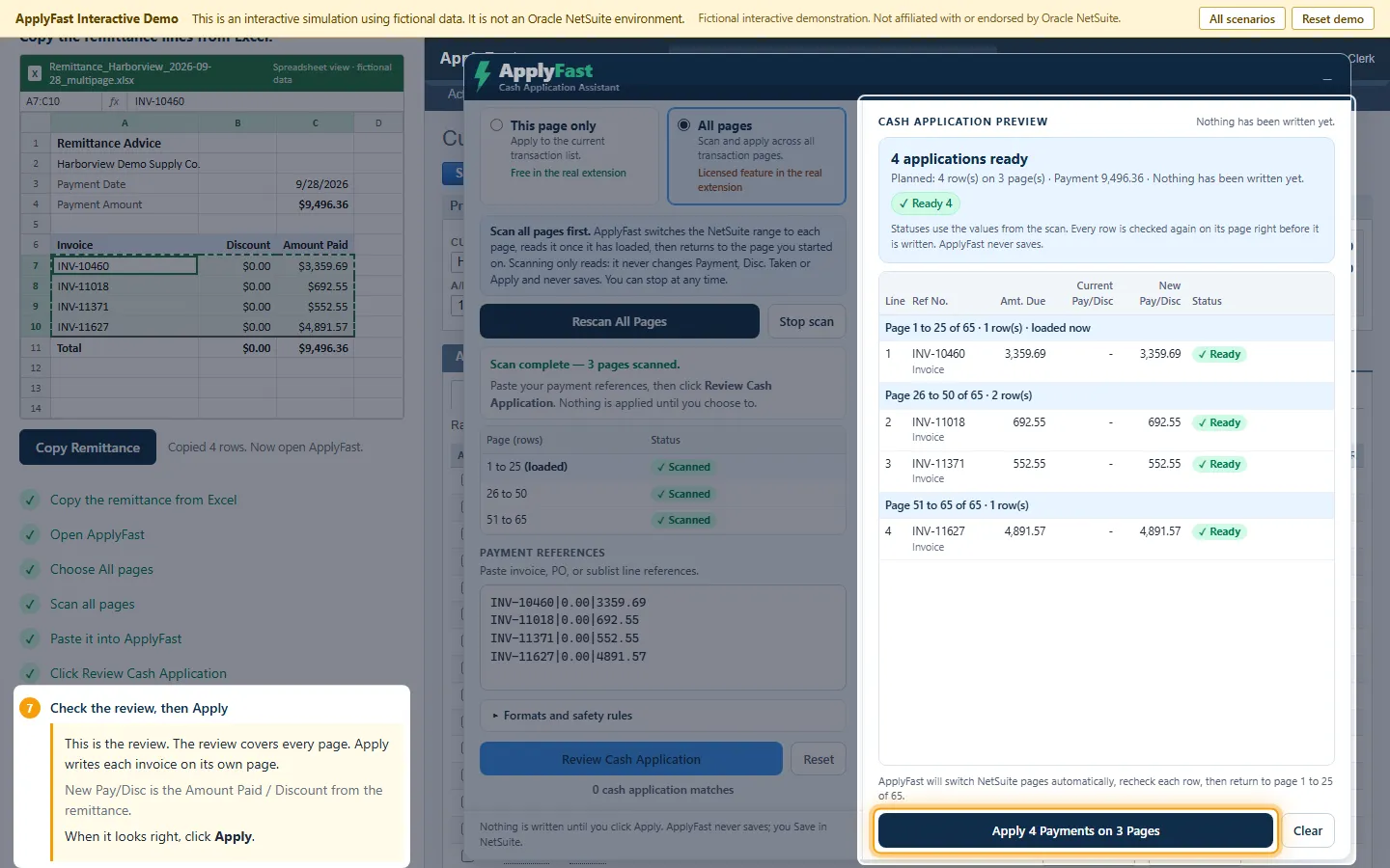 ApplyFast in All pages mode: every invoice page scanned, and a review of the remittance across all pages.