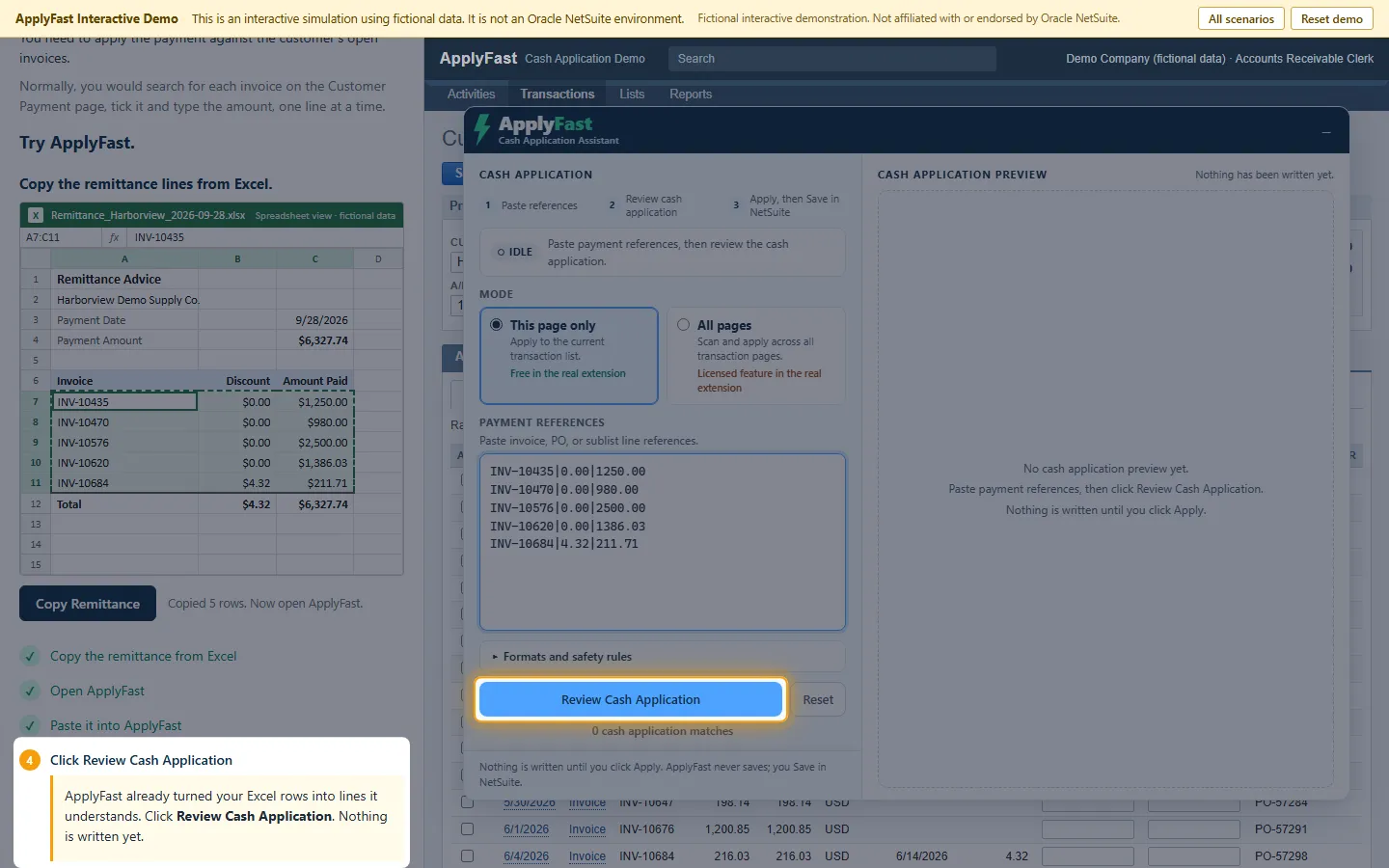 An Excel remittance copied and pasted into the ApplyFast Payment References box.