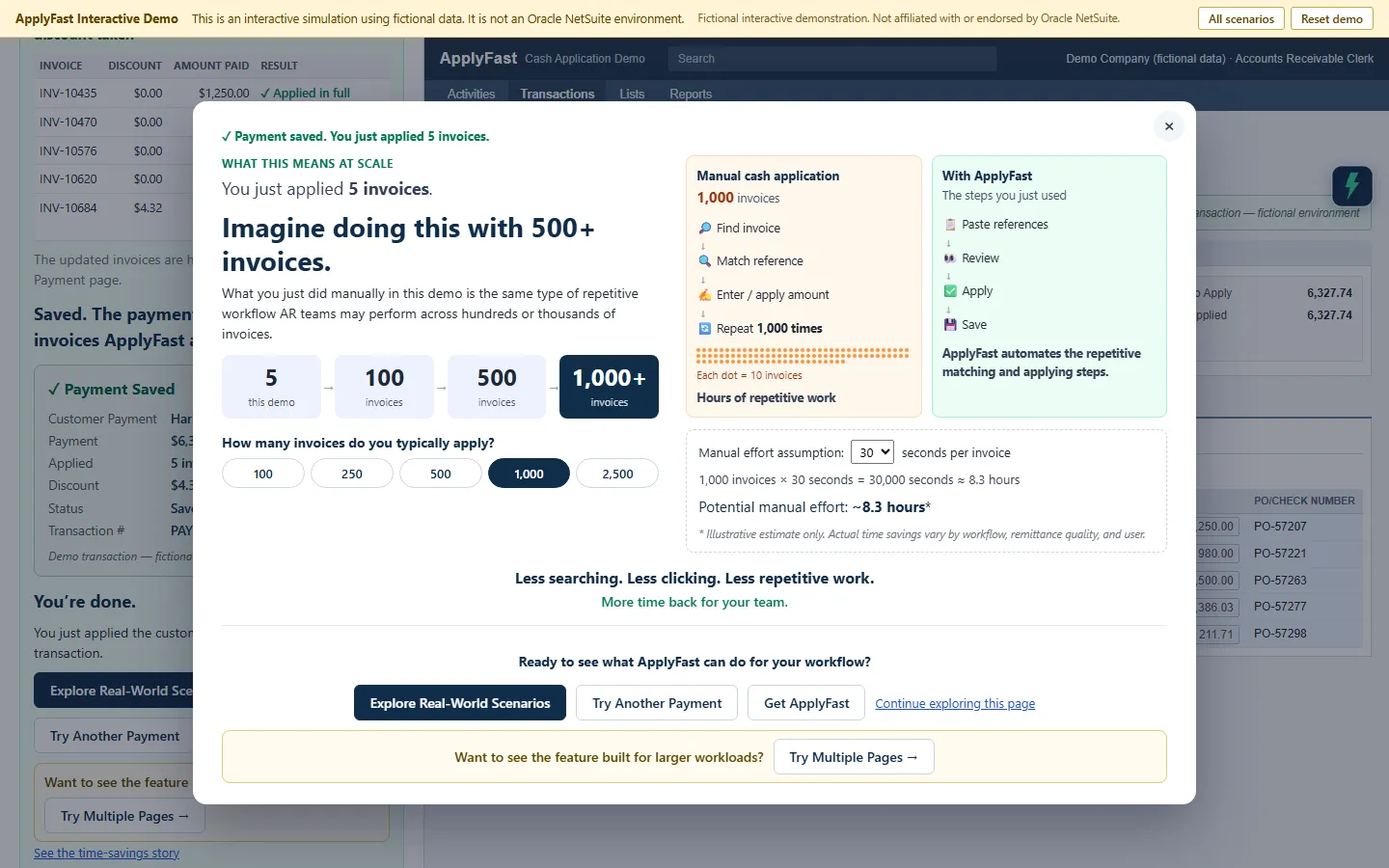 The end of the demo's first remittance: the payment is saved and the demo shows what the same work means at hundreds of invoices.